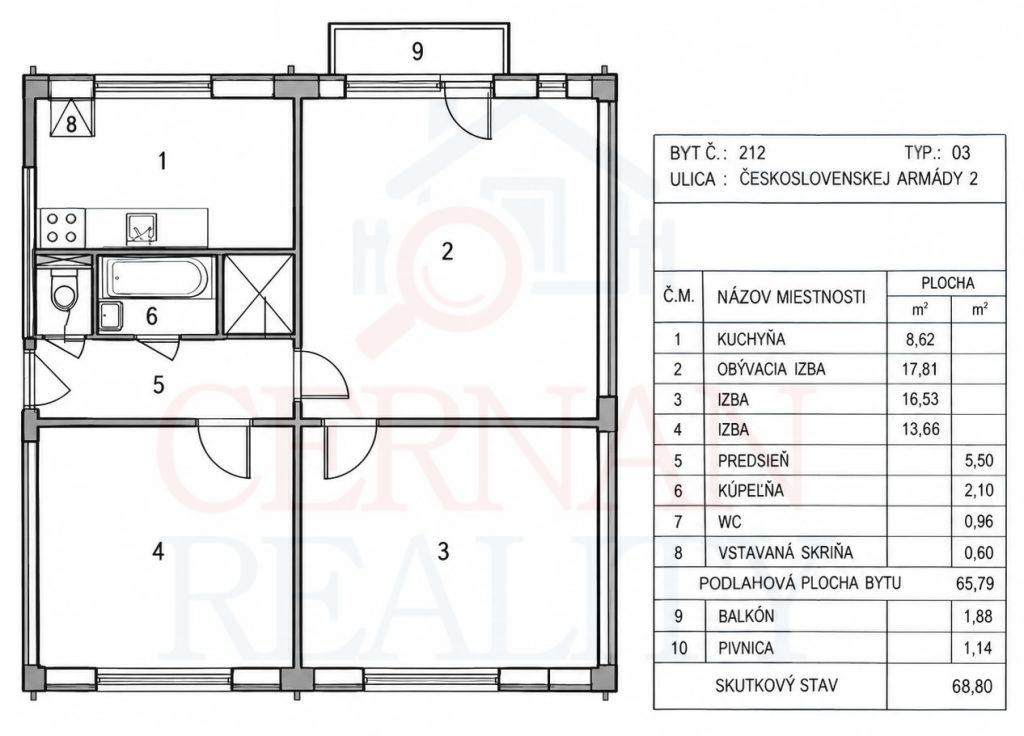 Predaj: 3-izbový tehlový byt 54 m2 s balkónom, pivnicou a výťahom, ul. ČSA – Košice I, Staré Mesto